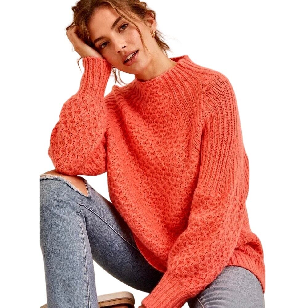 By Anthropologie Bia Chunky Alpaca Blend Fluffy Sweater Coral Mock Neck Oversize